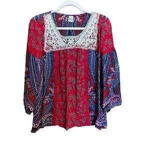 BILA Top Womens Small Multicolor Paisley Boho Print Sheer Peasant Blouse Ladies